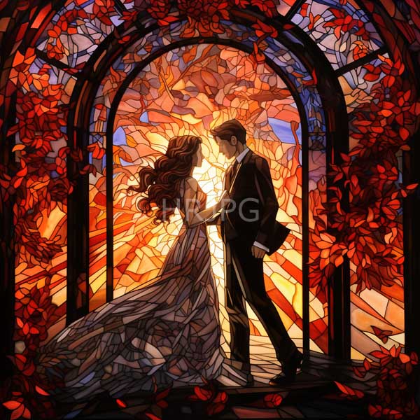 High Resolution: Romantic scene couple stained glass archway woman long wavy brown hair wears flowing white patterned dress while man short download. | HRJPG.com