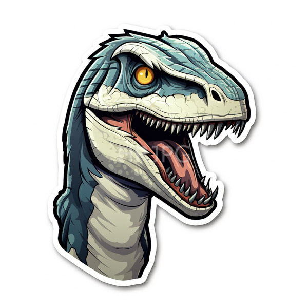 High Resolution: Detailed cartoon-style velociraptor head raptor has teal and cream-colored scales yellow intense eye wide-open mouth revealing sharp white download. | HRJPG.com