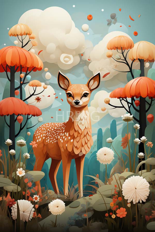 High Resolution: Stylized cute deer large expressive eyes patterned feather-like chest standing whimsical forest features colorful abstract trees orange and red download. | HRJPG.com
