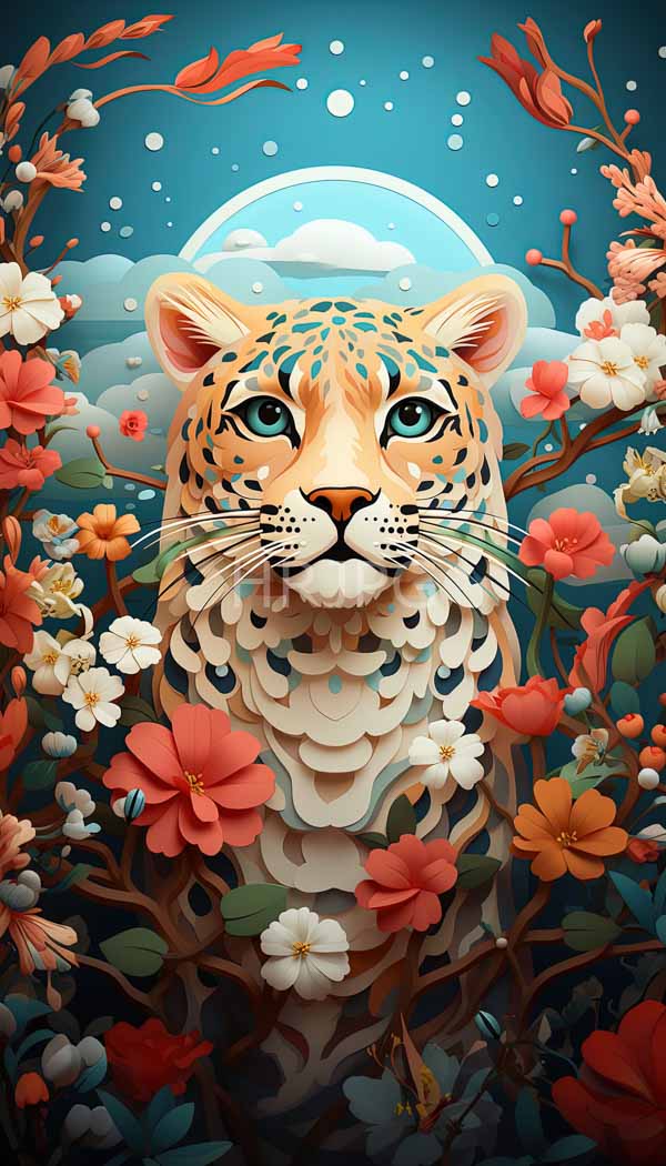 High Resolution: Realistic detailed leopard blue-green spots large green eyes pink nose surrounded vibrant colorful flowers red white and orange download. | HRJPG.com