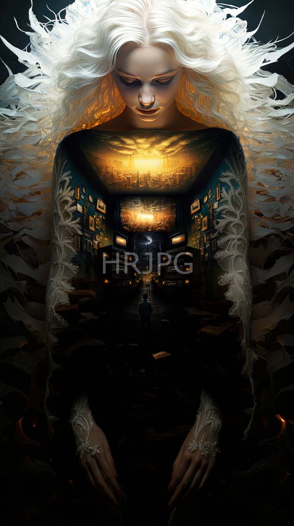 High Resolution: Pale-skinned white-haired woman ethereal flowing hair gazing downward Her upper body illuminated golden light while her lower body transitions download. | HRJPG.com