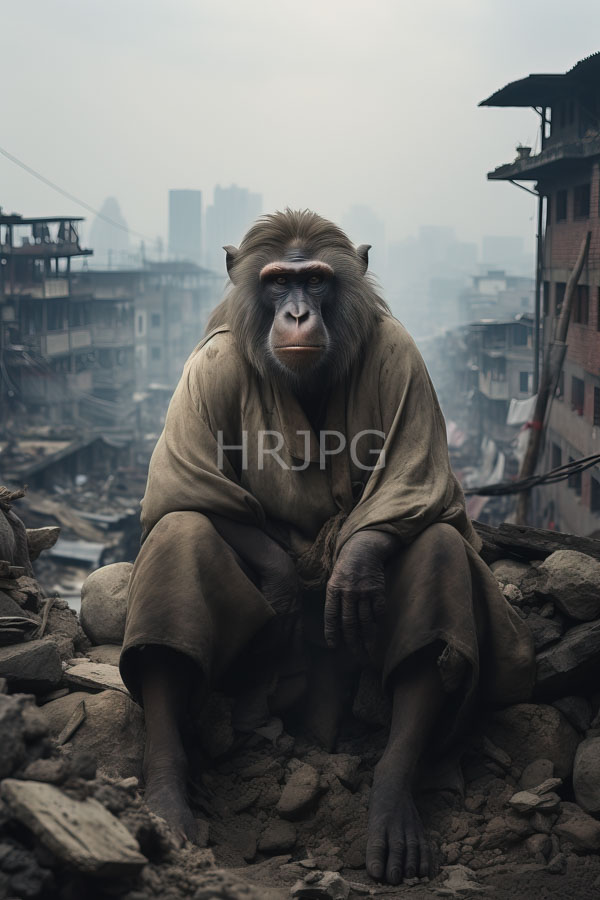 High Resolution: Solemn-looking monkey brown fur serious expression sitting rubble post-apocalyptic urban setting monkey wears tattered beige robe its hands resting download. | HRJPG.com