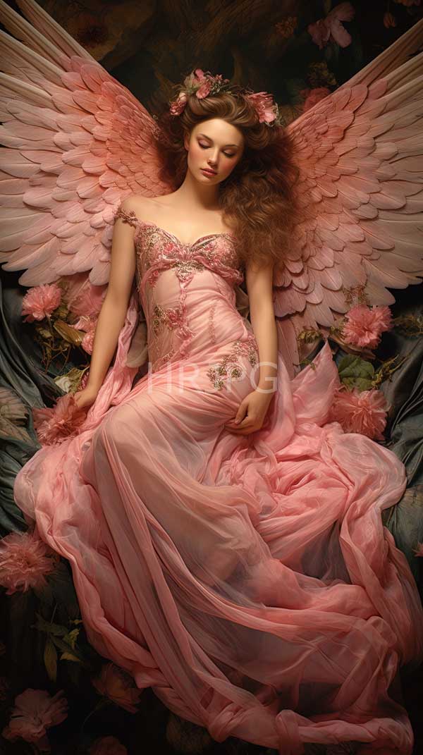 High Resolution: Serene ethereal angelic woman long wavy brown hair wearing pink semi-transparent gown adorned floral embroidery She has large pink download. | HRJPG.com