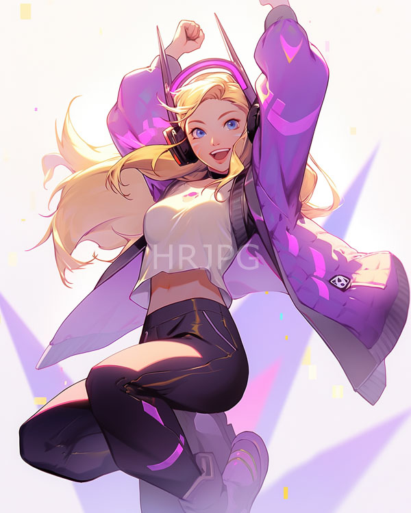 High Resolution: Anime-style joyful blonde blue-eyed woman long hair wearing purple headphones white crop top black high-waisted pants purple jacket pink download. | HRJPG.com