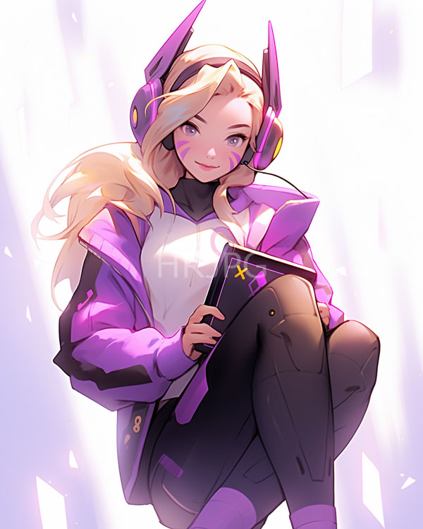 High Resolution: Anime-style blonde woman long hair wearing purple and black futuristic headphones white top purple jacket black leggings and holding download. | HRJPG.com
