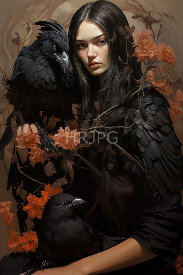 High Resolution: Pale-skinned dark-haired woman striking features wearing black feathered garment surrounded two black ravens She holds one raven while download. | HRJPG.com