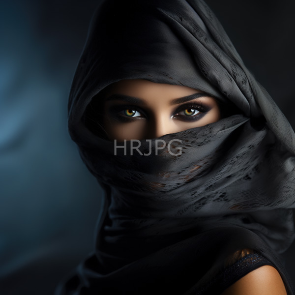 High Resolution: Woman striking yellow eyes partially covered dark sheer patterned fabric that wraps around her head and face revealing only download. | HRJPG.com