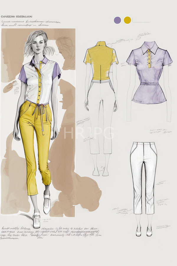 High Resolution: Fashion sketch full-body illustration woman yellow and white outfit accompanied detailed drawings top and pants download. | HRJPG.com
