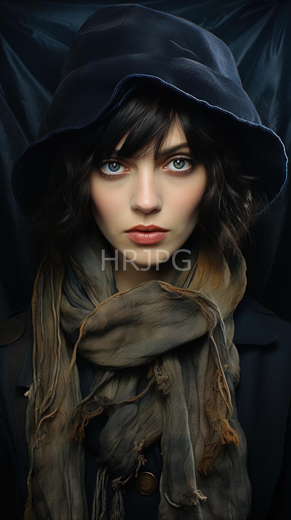 High Resolution: Young woman pale skin striking blue eyes dark brown wavy hair She wears dark blue hooded cloak and tattered download. | HRJPG.com