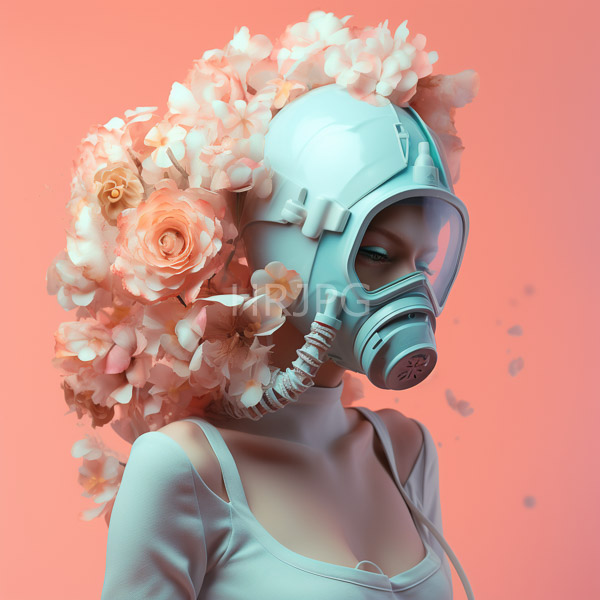 High Resolution: Woman light skin wearing white long-sleeve top light blue gas mask adorned large pastel pink and white flower arrangement download. | HRJPG.com