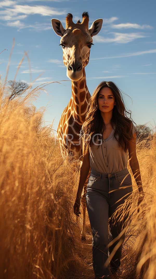 High Resolution: Young woman long brown hair wearing beige blouse high-waisted blue jeans walking beside tall giraffe golden grassy savanna under download. | HRJPG.com