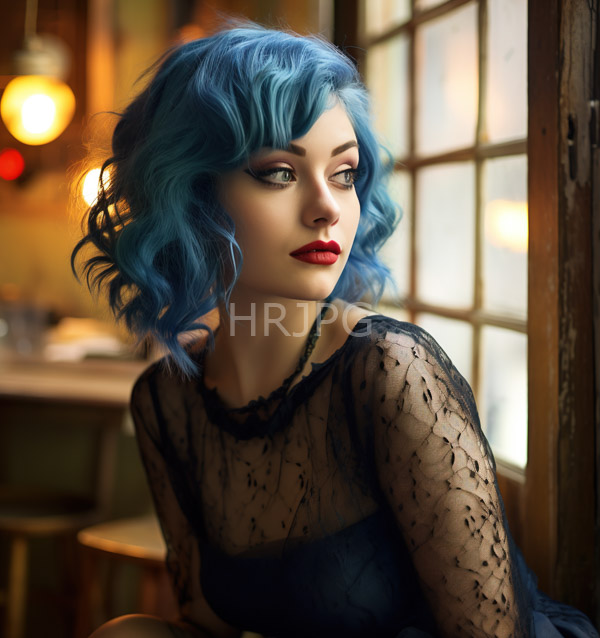 High Resolution: Pale-skinned woman vibrant blue wavy hair wearing sheer black lace top red lipstick She sits window warmly lit rustic download. | HRJPG.com
