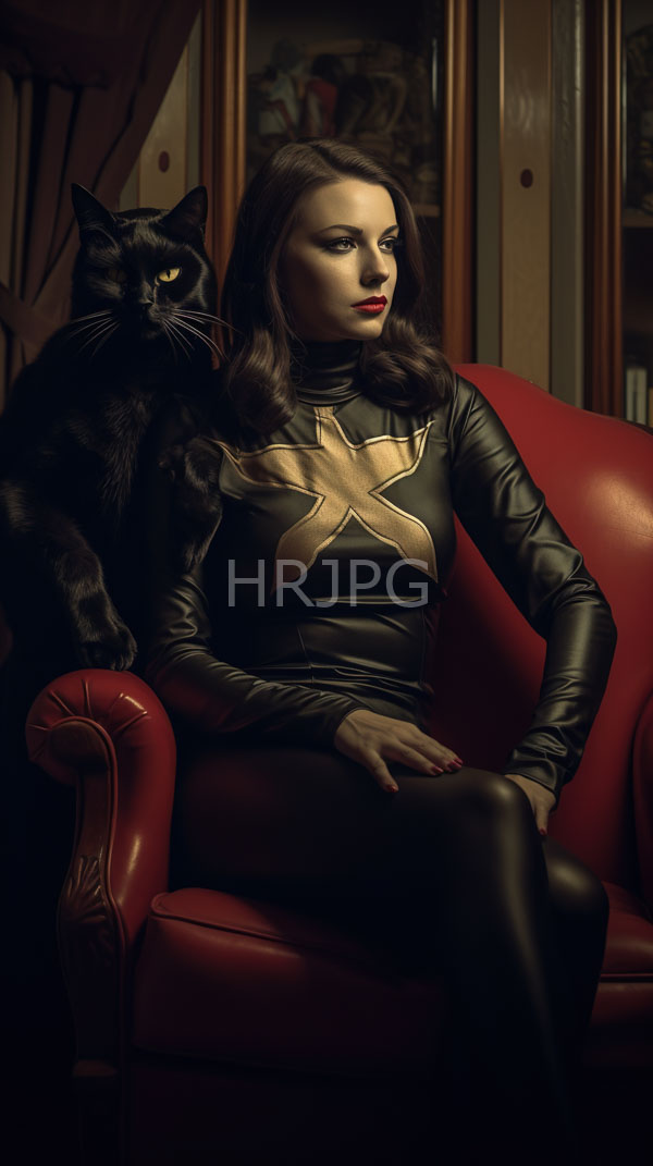 High Resolution: Woman fair skin dark brown hair wearing black shiny long-sleeve latex dress gold star pattern seated red leather armchair download. | HRJPG.com