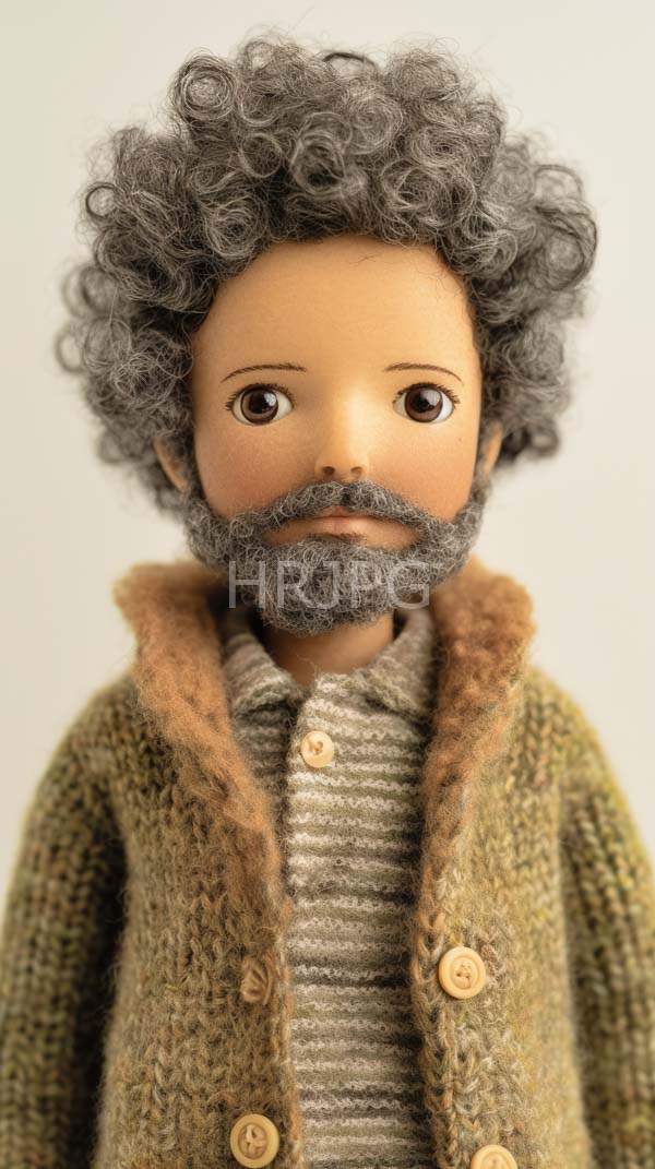 High Resolution: Realistic doll light brown skin curly gray hair full gray beard doll wears textured olive-green knitted coat brown fur download. | HRJPG.com