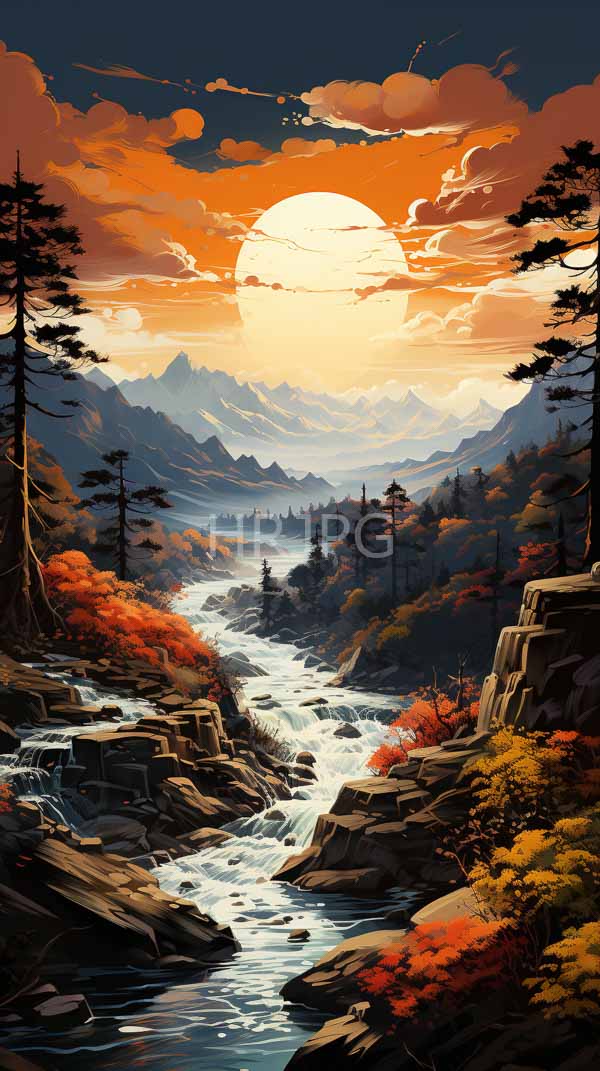 High Resolution: Vibrant mountainous landscape sunset rushing river flows through rocky terrain surrounded autumnal trees red orange and yellow foliage download. | HRJPG.com
