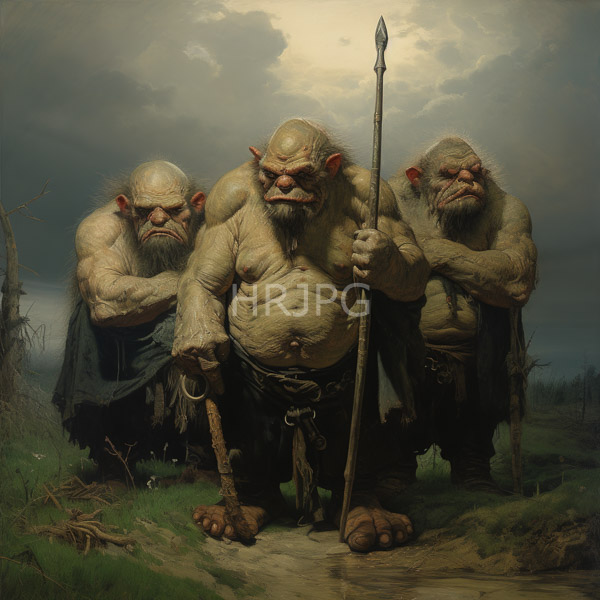 High Resolution: Photorealistic three muscular green-skinned goblins pointed ears bald heads menacing expressions They wear tattered dark cloaks and stand download. | HRJPG.com