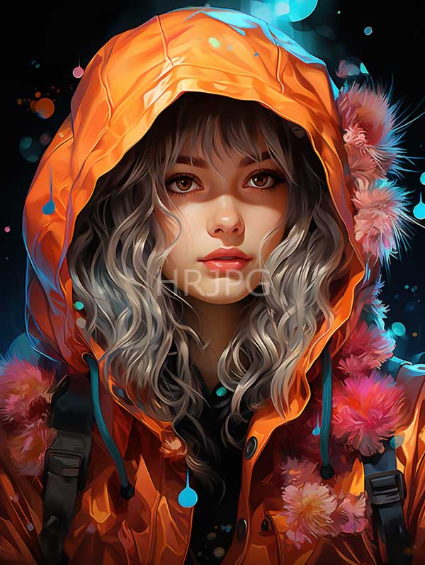 High Resolution: Young woman wavy silver-gray hair wearing orange hooded raincoat adorned pink fluffy trim Her large expressive brown eyes and download. | HRJPG.com