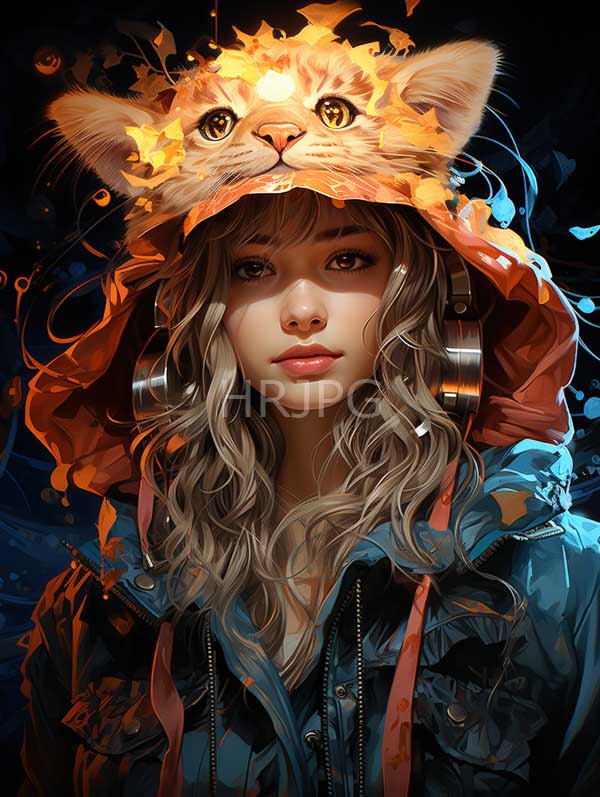 High Resolution: Young woman wavy silver-blonde hair wearing blue jacket orange hooded hat realistic glowing orange tabby cat's face top download. | HRJPG.com