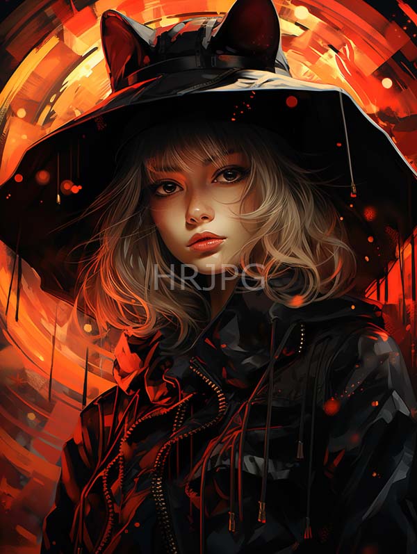 High Resolution: Young woman pale skin wavy blonde hair wearing black wide-brimmed hat cat ears She has striking large eyes and download. | HRJPG.com