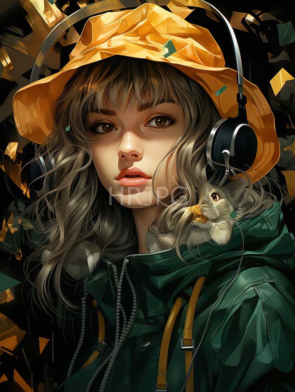 High Resolution: Young woman wavy ash-blonde hair wearing yellow rain hat green jacket yellow straps She has large expressive brown eyes download. | HRJPG.com