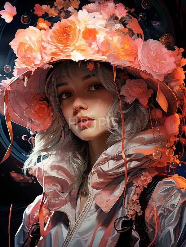 High Resolution: Young woman pale skin wavy silver hair wearing pink floral hat adorned roses and orange ribbons download. | HRJPG.com