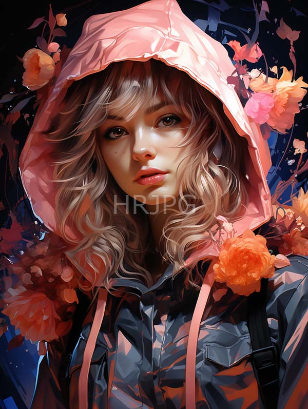 High Resolution: Young woman wavy blonde hair wearing pink hooded raincoat She has fair skin large brown eyes and pink lips download. | HRJPG.com