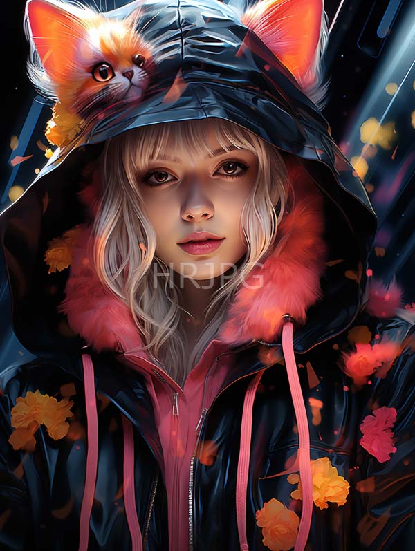 High Resolution: Young woman pale skin platinum blonde hair wearing black hooded raincoat pink fur trim orange cat ears download. | HRJPG.com