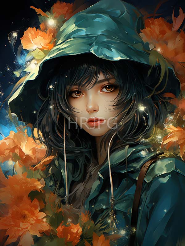 High Resolution: Young woman dark wavy hair large expressive brown eyes She wears green hooded raincoat adorned orange flowers Sparkles and glowing download. | HRJPG.com