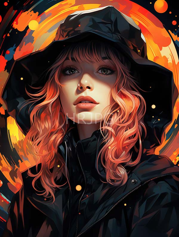 High Resolution: Young woman wavy pink-orange hair wearing black hooded raincoat She has fair skin full lips and striking green eyes download. | HRJPG.com
