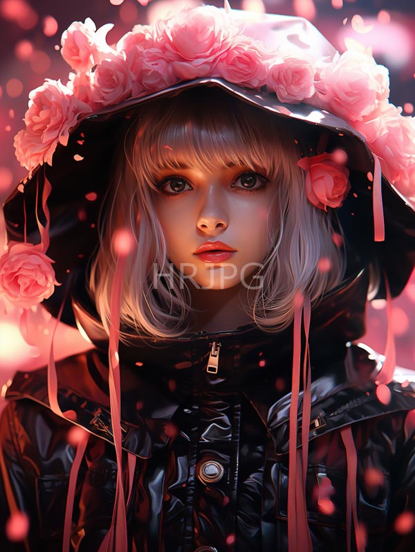 High Resolution: Young woman pale skin platinum blonde hair wearing black glossy raincoat high collar She has large expressive eyes and download. | HRJPG.com