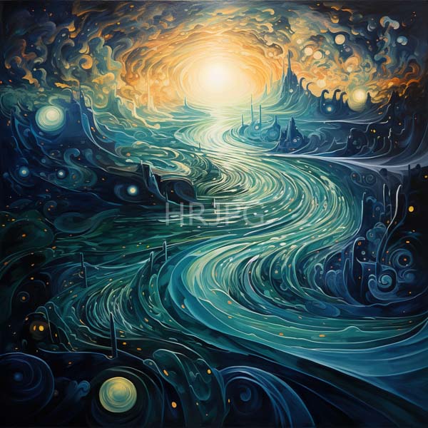 High Resolution: Surreal abstract style depicts winding glowing turquoise river flowing through dark swirling landscape river reflects bright orange-yellow light download. | HRJPG.com