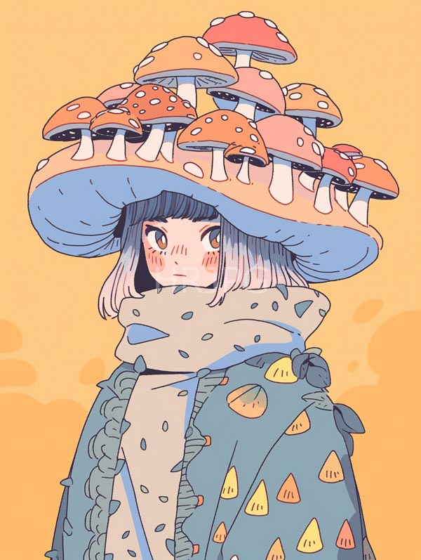 High Resolution: Young girl pale skin short black-and-white gradient hair wearing large mushroom hat orange and white-spotted mushrooms download. | HRJPG.com