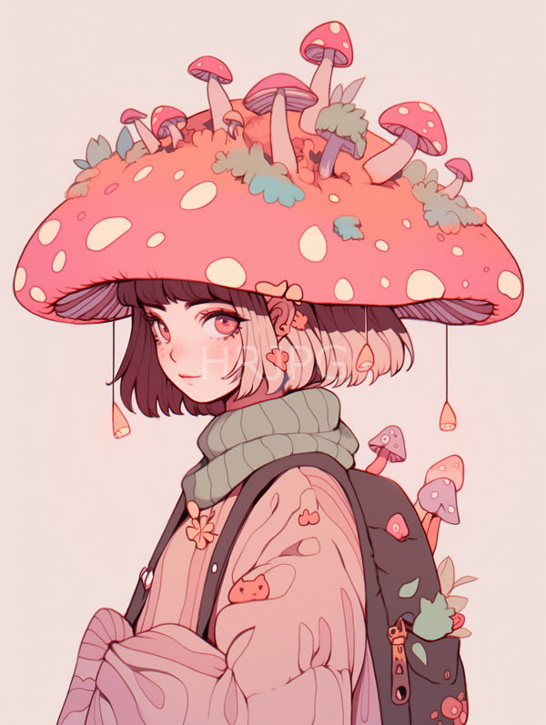 High Resolution: Anime-style young girl short black-and-white hair wearing large pink mushroom-shaped hat adorned smaller mushrooms and flowers download. | HRJPG.com