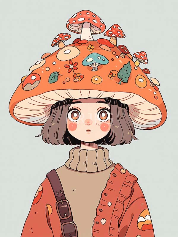 High Resolution: Young girl short brown hair wide brown eyes blushed cheeks She wears large orange mushroom hat adorned various mushrooms flowers download. | HRJPG.com