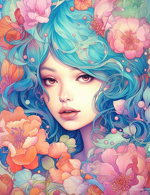 High Resolution: Young woman ethereal wavy turquoise hair surrounded vibrant colorful flowers including pink orange and green blooms download. | HRJPG.com