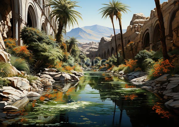 High Resolution: Lush ancient garden reflective green-lily-covered canal Tall palm trees vibrant orange flowers line rocky arched stone walkways either download. | HRJPG.com
