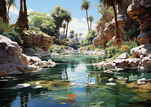 High Resolution: Serene sunlit desert oasis clear reflective creek flows through center surrounded rocky cliffs lush palm trees download. | HRJPG.com
