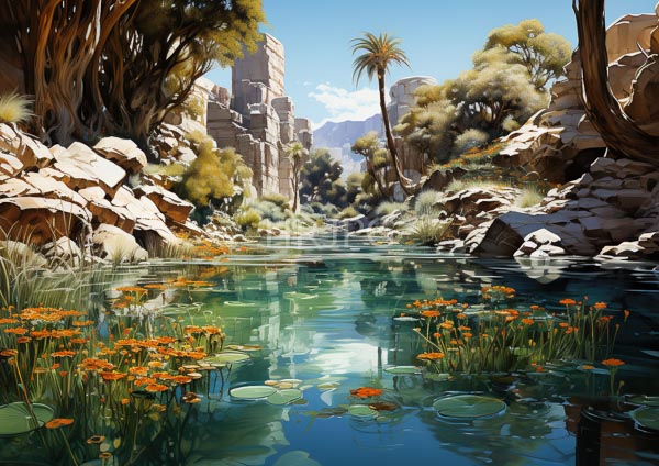 High Resolution: Serene sunlit desert oasis clear turquoise pond orange water lilies green lily pads occupies foreground download. | HRJPG.com