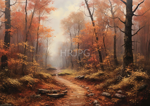 High Resolution: Misty autumn forest narrow rocky path winds through tall leafless trees vibrant orange and red foliage download. | HRJPG.com