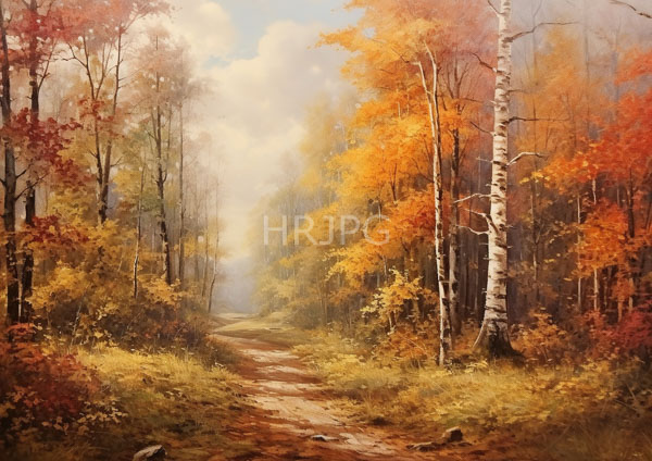 High Resolution: Forest path autumn path lined grass small rocks leads misty background Tall birch trees white bark vibrant orange-red leaves download. | HRJPG.com