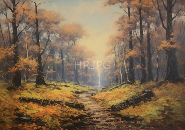 High Resolution: Forest path autumn Tall leafless trees orange and brown foliage line path muddy and winding download. | HRJPG.com