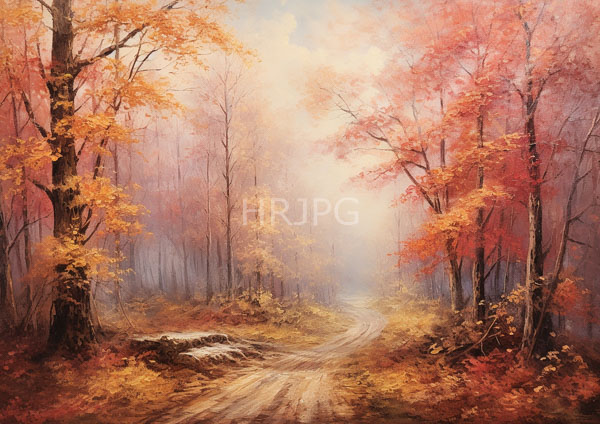 High Resolution: Realistic oil serene autumn forest winding dirt path leads through center flanked tall trees vibrant red and orange leaves download. | HRJPG.com
