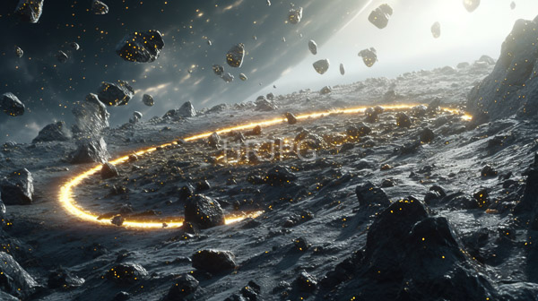 High Resolution: Rocky dark asteroid jagged surface glowing orange circular light trail winds through center illuminating scattered floating rocks download. | HRJPG.com