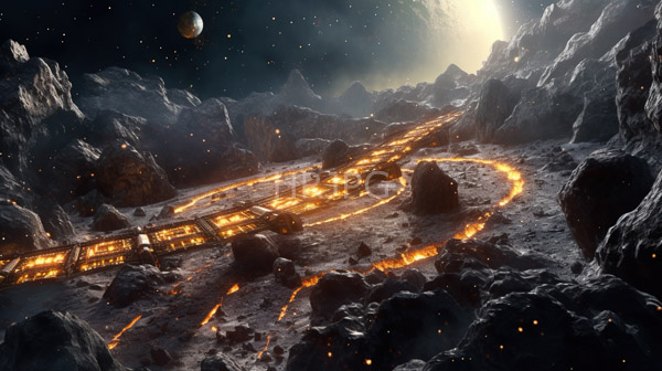 High Resolution: Rocky cratered alien landscape under starry night sky glowing orange-lit winding structure cutting through terrain download. | HRJPG.com