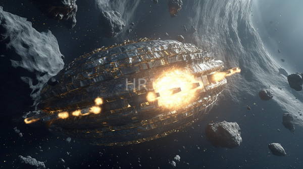 High Resolution: Metallic cylindrical spaceship reflective grid-like surface emitting bright fiery explosions its center download. | HRJPG.com