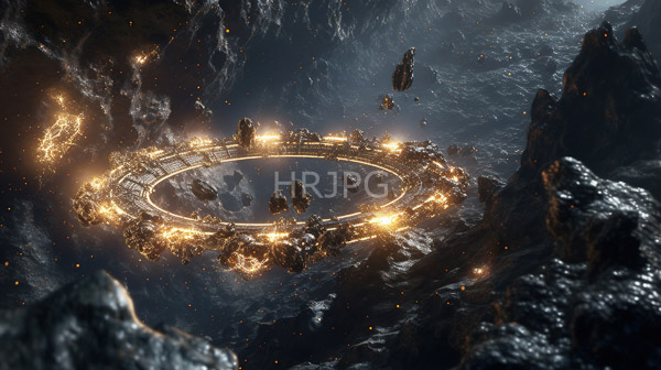 High Resolution: Futuristic circular structure glowing golden lights encircles rocky mountainous dark and misty landscape download. | HRJPG.com