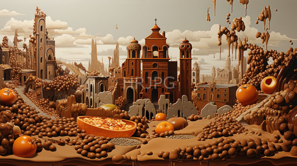 High Resolution: Surreal sepia-toned cityscape filled overflowing nuts apples tipped-over bowl fruit Central focus detailed ornate church two bell download. | HRJPG.com