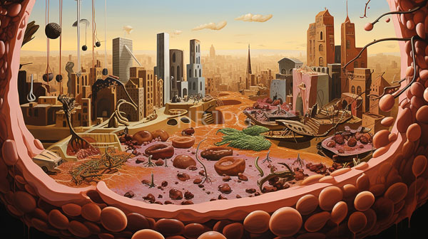 High Resolution: Surreal dystopian cityscape viewed from within large pink organic structure resembling cell membrane download. | HRJPG.com