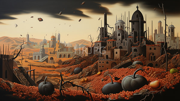 High Resolution: Surreal post-apocalyptic landscape desolate city dark twisted buildings and domes surrounded sea orange grapes and scattered pumpkins download. | HRJPG.com
