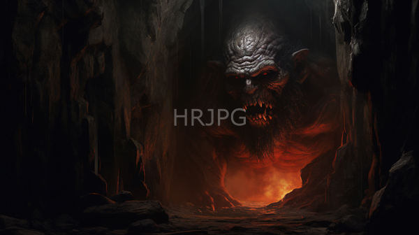 High Resolution: Terrifying muscular humanoid demon wrinkled grayish skin glowing red eyes sharp jagged teeth looms menacingly dark rocky cave download. | HRJPG.com